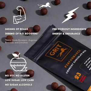 Performance Chocolate by GRIT Superfoods contains pre-workout ingredients, nitric oxide boosters, and BCAAs. No soy, no gluten, no sugar alcohols. Low carbohydrates and low sugar.
